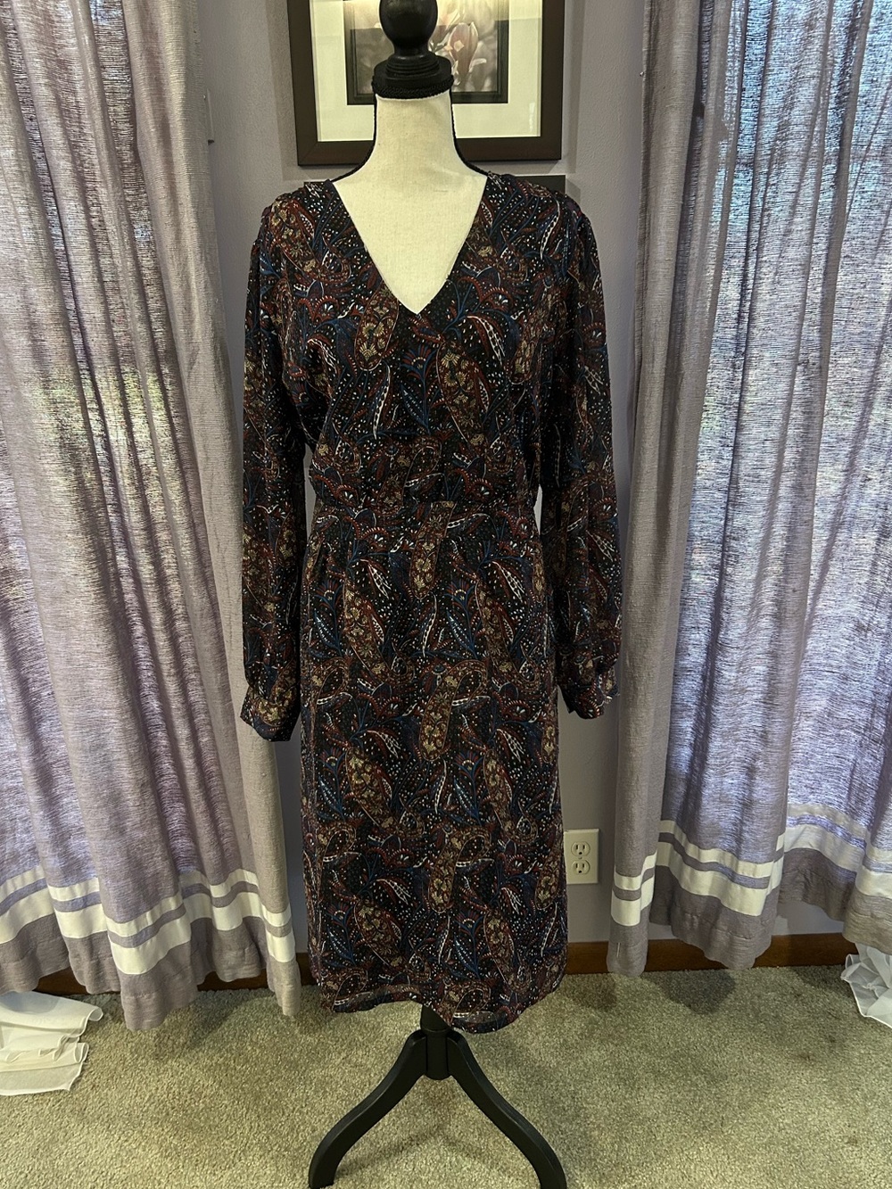 Ann Taylor Paisley Long-Sleeve V-Neck Dress